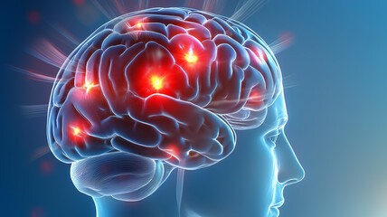 Obraz premium Illuminated brain diagram shows signs of stroke, dementia, and illness, highlighting affected areas in red, representing cognitive decline and memory loss in elderly healthcare