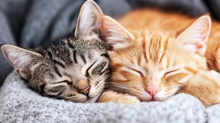 Obraz premium Two kittens peacefully sleeping together on a soft, cozy blanket, AI