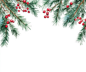 Watercolor Christmas composition. Fir tree branches, red berries isolated on white background.