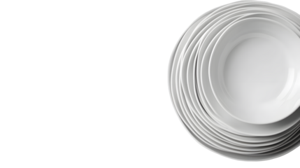 Clean Stack of White Plates and Bowls on White Background,