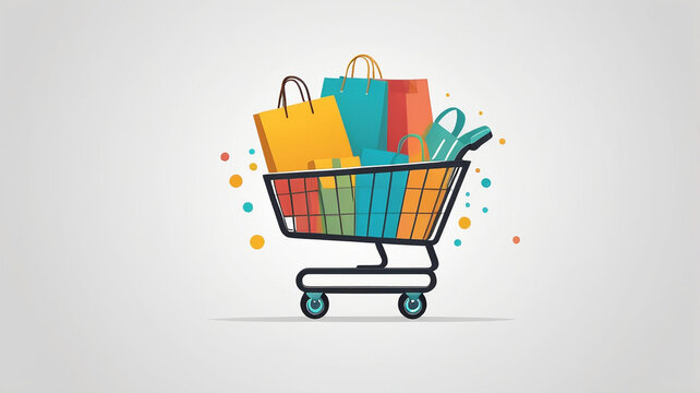 A simple 2D illustration of a shopping cart with a lot of shopping bags inside