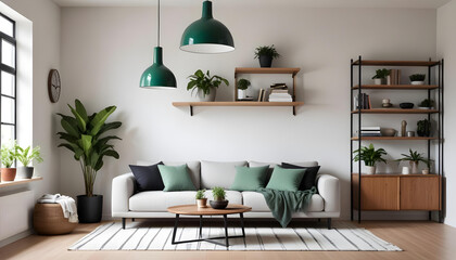 Fototapeta premium modern minimalist living room interior The room features a light gray sofa