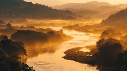 Obraz premium Serene Sunrise Over Misty River Landscape