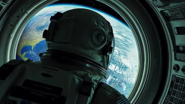 An astronaut looks out of a spacecraft window at Earth