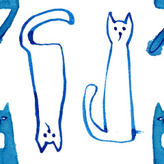 Watercolor blue cats on a white background for children's textiles, for T-shirts, for packaging, for decorations