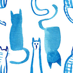 Cute watercolor blue cats on a white background for children's textiles, packaging, porcelain, decorating your interior and other joys