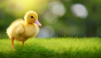 Close-up of a yellow duckling standing on a soft, grassy surface, with gentle sunlight illum