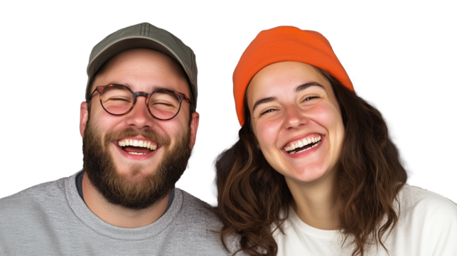 Happy young couple laughing together, wearing hats on transparent background
