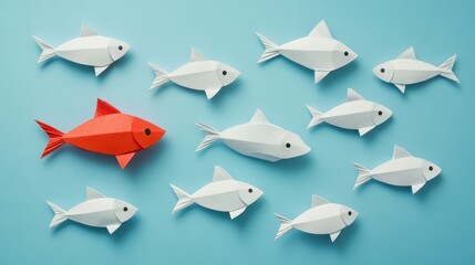 "Creative Origami Fish: A Red Fish Among White Fish"