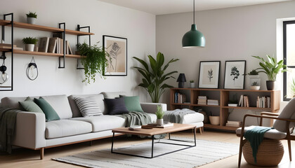 modern minimalist living room interior The room features a light gray sofa