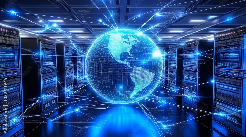 Poster digital concept of earth connected with servers, symbolizing global data networks, technology, and t