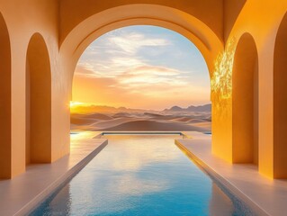 Fototapeta premium A pool with a view of the mountains and the sun setting. The pool is surrounded by a yellow archway