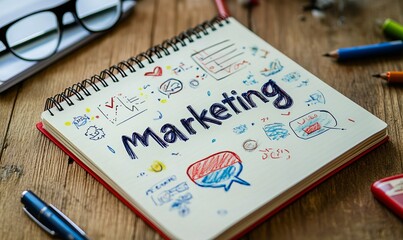 Detailed "marketing" strategies and creative sketches shown in a notepad on a wooden desk with pens and glasses nearby