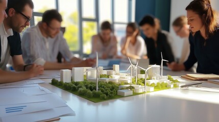 Architects collaborating around a model city with wind turbines, showcasing teamwork in sustainable urban planning and green energy integration, Generative AI