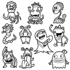 Hand-drawn illustrations, monsters doodle, Hand Drawn cartoon monster illustration,Cartoon crowd doodle hand-drawn Doodle style.black and white stripes coloring  book.