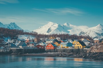 Picturesque Alaskan Village with Colorful Homes and Snow-Capped Mountains