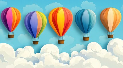 Naklejka premium A vibrant flock of hot air balloons drifts through the sky, surrounded by billowing clouds and a radiant blue canopy above