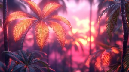 Palm trees silhouetted against a vibrant sunset sky.