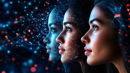 Close up of group of multinational people and technology, visual for banner o advertisement.
