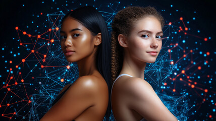 Close up of group of multinational people and technology, visual for banner o advertisement.
