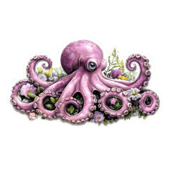 Obraz premium Pink Octopus Surrounded by Flowers