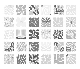Monochromatic contemporary elements, grayscale colors floral tiles for design, banners, printable. Fashion modern vector decor, ceramic doodle decorations