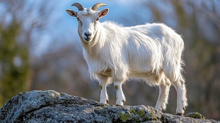 Obraz premium Portrait of a white goat on a rock