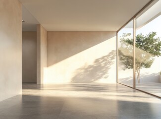 Obraz premium A large room with a window and a tree outside. The room is empty and has a lot of natural light