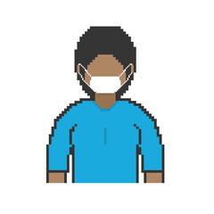 Black woman in pixel art mask, blue clothes