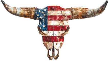 Longhorn skull painted with distressed American flag design, symbolizing patriotism