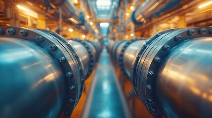 Fototapeta premium Rows of large industrial pipes in a factory.