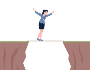 Woman balances over abyss, mountain hole. Metaphor of working process, life work balance. Mental health, career growth and development, vector scene