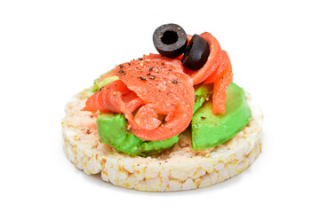 Rice Cake Sandwich with Fresh Salmon, Avocado and Olives - Isolated on White. Easy Breakfast. Diet Food. Quick and Healthy Sandwiches. Crispbread with Tasty Filling. Healthy Dietary Snack - Isolation