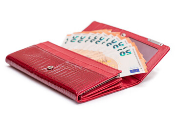 Opened Red Women Purse with 50 Euro Banknotes Inside - Isolated on White Background. A Wallet Full of Money Symbolizing Wealth, Success, Shopping and Social Status - Isolation
