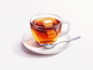 A cup of steaming hot tea with a sugar cube.