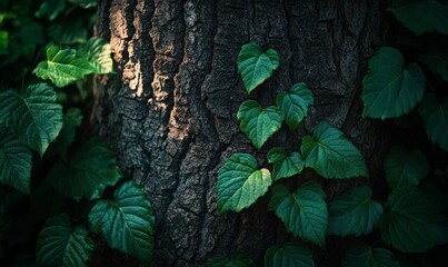 Intricate tree bark texture illuminated by soft sunlight, revealing nature's details amidst vibrant green leaves