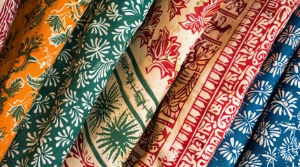 An array of colorful fabric rolls featuring floral and abstract designs, highlighting intricate patterns and cultural influences, perfect for creative projects.
