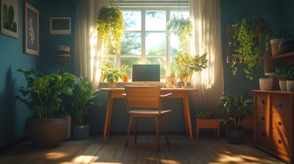 A serene home office with a natural wood desk, indoor plants on the windowsill, and plenty of daylight streaming in, promoting focus and creativity