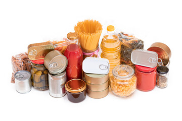 Food Reserves: Canned Food, Spaghetti, Tomato Juice, Pasta and Grocery - Isolated on White Background. Emergency Food Storage in Case of Crisis. Strategic Food Supplies - Isolation