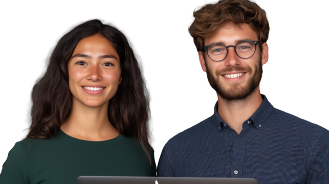 Smiling young couple with laptop, standing side by side on transparent background