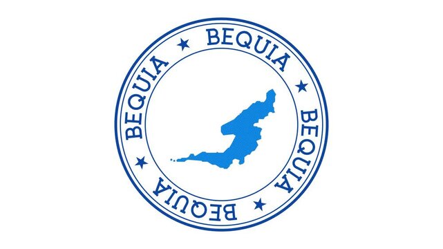 Bequia intro. Badge with the circular name and map of island. Bequia round logo animation.