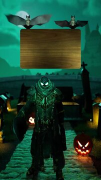 Vertical dolly POV CGI of walking in gothic iron gate of cemetery at midnight, full moon, on cobbled pathway past Halloween lanterns, zombie villain taking off hat, bowing, bats holding copyspace sign