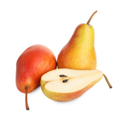 Whole and cut ripe pears isolated on white