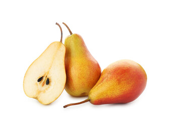 Whole and cut ripe pears isolated on white