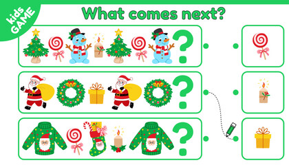 What comes next is. Christmas educational kids game. Choose objects, complete pattern. Puzzle for children with Santa Clauses, snowmen, holiday spruce wreaths, Xmas trees. Baby activities page. Vector