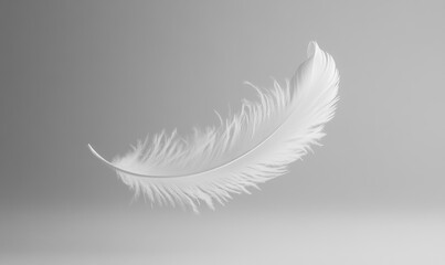 Minimalist white feather floating in clean studio space, elegant and serene still life concept