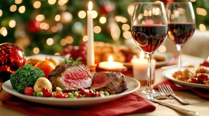 Festive dinner with steak, vegetables, and red wine in a cozy holiday setting, AI