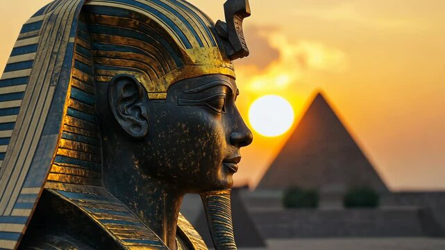 A golden statue of an Egyptian pharaoh stands tall, overlooking a pyramid at sunset