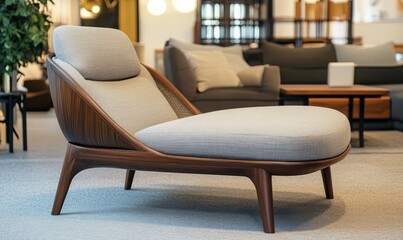 Fototapeta premium Modern wooden lounge chair with stylish upholstery in a furniture store