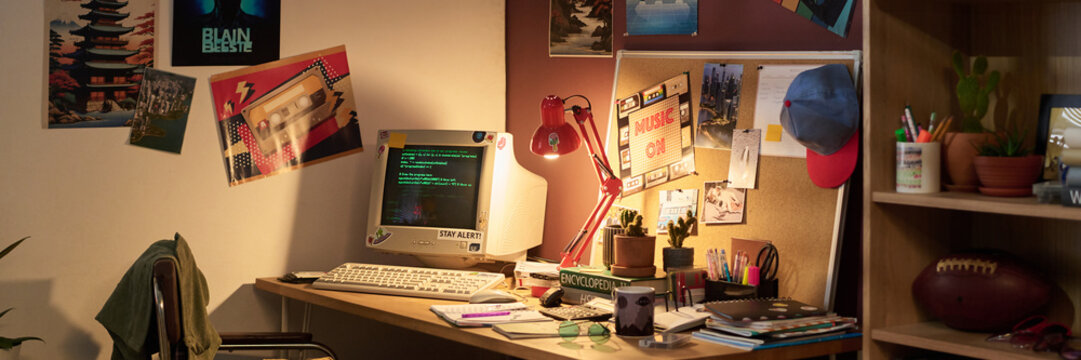 Cozy desk setup with vintage computer and vibrant decor, including posters and plants, creating retro atmosphere. Desk also filled with books and stationery items